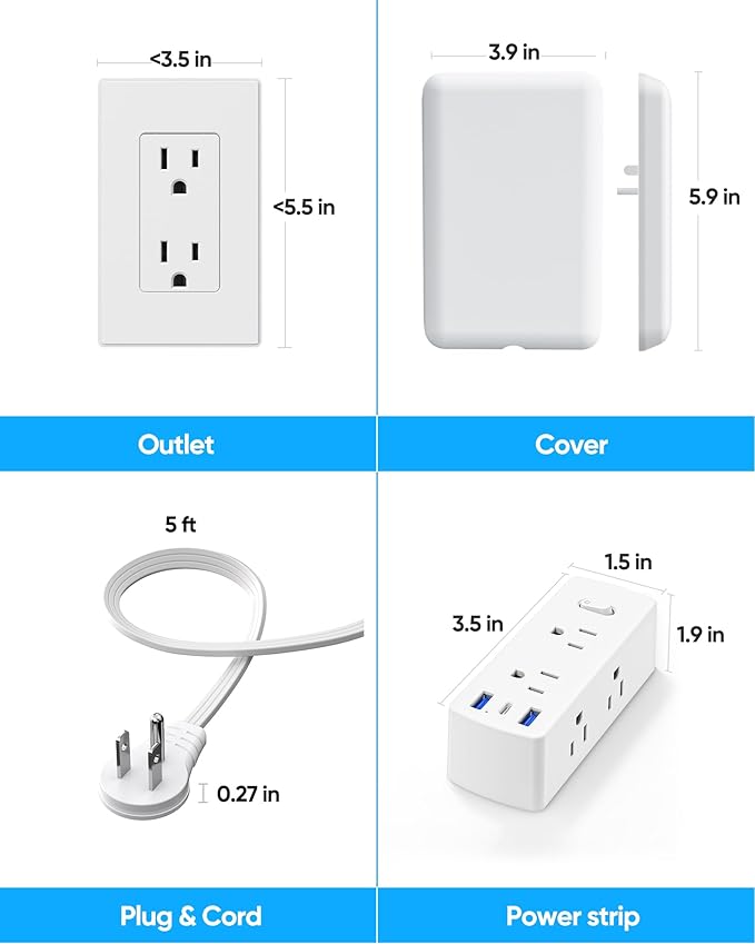 20FT Flat Extension Cord with Outlet Cover, Flat Plug Power Strip with 6 Outlets and 3 USB Ports, 2000 Joules Surge Protector, Hidden Outlet Extender for Tight Spaces