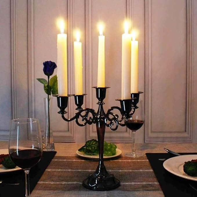 Black Candelabra Candle Holders for Pillar Candles 10.6 inch Tall, 5 Candle Candlestick Holder for 1/2-1 inch Taper Candles Halloween Candelabra Decoration Easy Assembly (Black)