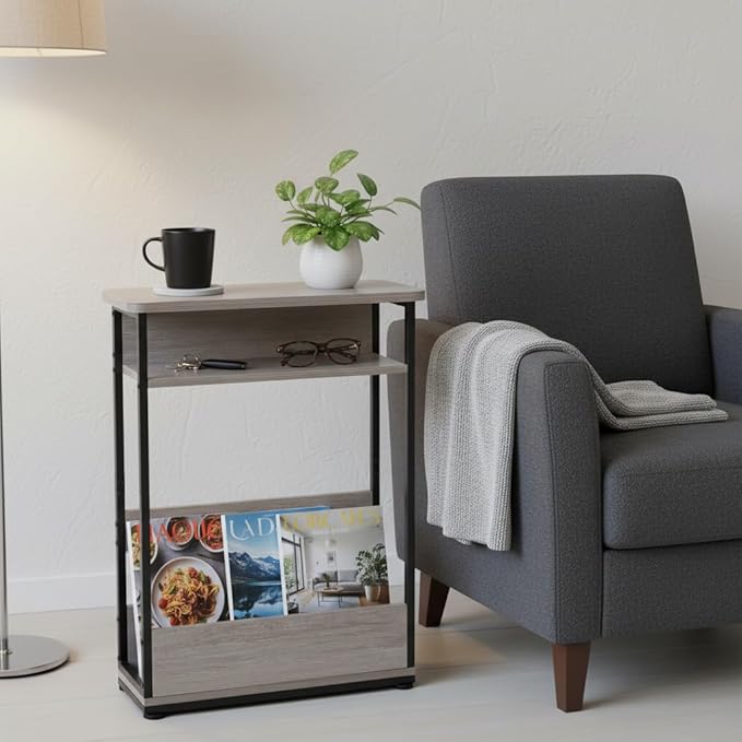 Narrow Side Table,3-Tier Slim End Table with Storage Shelf,Modern Sofa Table Thin Side Table for Narrow and Small Spaces, Skinny Bedside Table Small Nightstand with Magazine Rack Space Saving/Oak