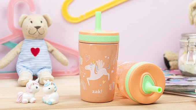 Zak Designs Unicorn Kelso Tumbler Set, Leak-Proof Screw-On Lid with Straw, Bundle for Kids Includes Plastic and Stainless Steel Cups with Bonus Sipper, 3pc Set, Non-BPA, 15 fl.oz.