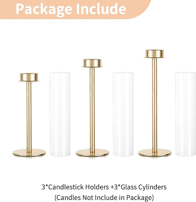NUPTIO Gold Taper Candle Holders: Set of 3 Tall Hurricane Candlestick Holder with Open Ended Clear Glass Covers Long Stem Metal Candle Stick Stand for Fall Thanksgiving Christmas Table Decor