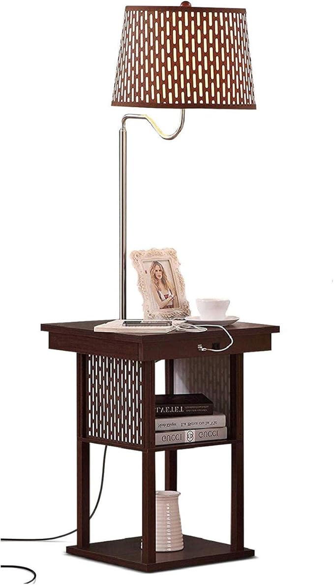 Brightech Madison Side Table with Lamp Combo with LED Bulb, Desk Lamp with USB Port, Bedside Reading Light, Modern End Table with Floor Lamp for Bedroom, Living Room, Office - Havana Brown