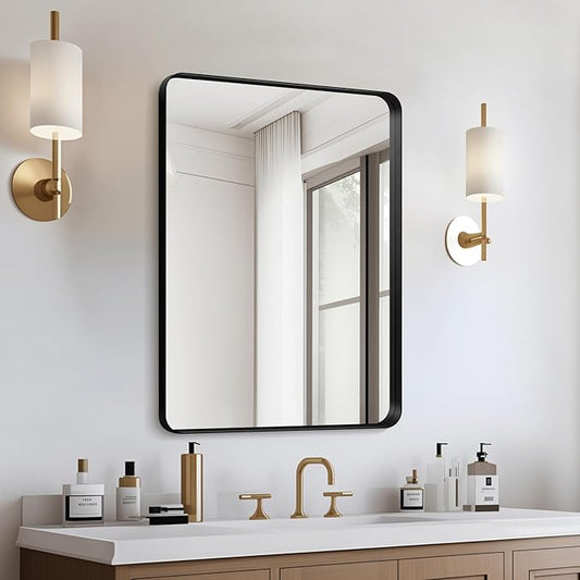 Kosmonia 20x16 Bathroom Vanity Mirror for Wall, Aluminum Framed, Farmhouse Rectangle, Anti-Rust, HD Reflection Anti-Desilvering, Distortion Free, Tempered and Shatter-Proof Wall Mounted Mirror, Black