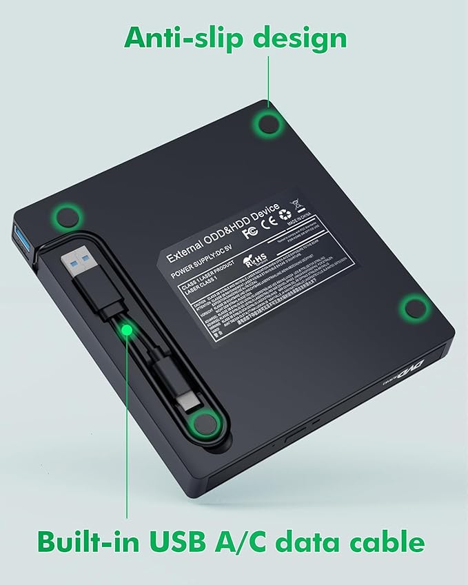 PeroBuno External CD DVD Drive, USB 3.0 Optical Disc Drive, 4 USB Ports and 2 TF/SD Card Slots, CD DVD Burner Writer Reader Player for Laptop MacBook iMac Desktop PC Windows 11/10/8/7/XP Linux Mac OS