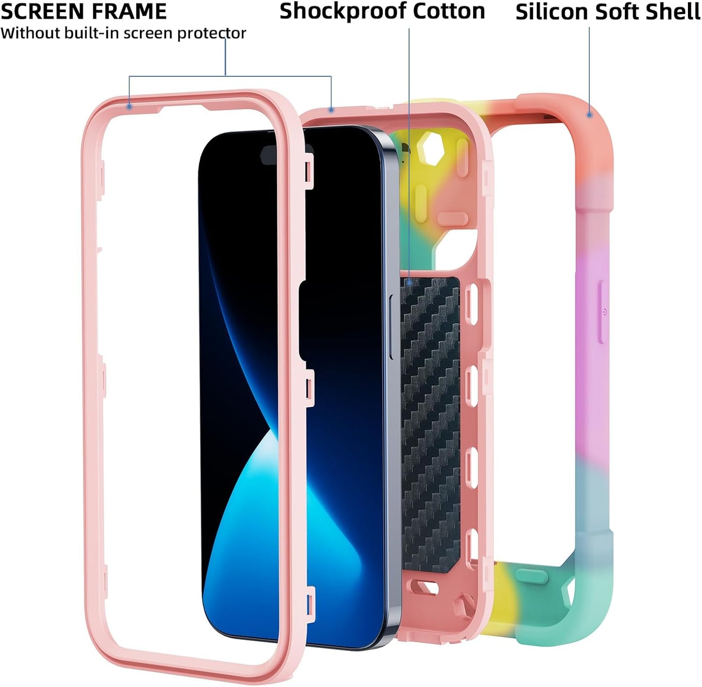iPhone 15 Pro Max Case 6.7", Heavy-Duty Shockproof Military-Grade Rugged Cover with Ring Stand and Protectors - Rainbow