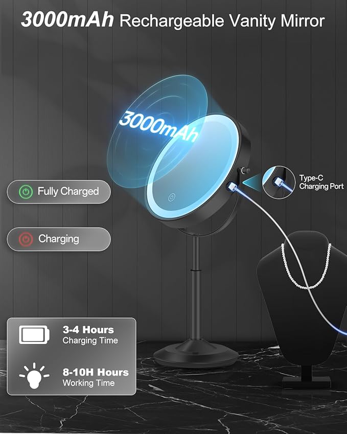 Makeup Mirror with Lights, 1X/30X Lighted Magnifying Mirror Height Adjustable, 3000mAh Rechargeable Double Sided Vanity Mirrors with 3 LED Lighting and Adjustable Brightness for Desk Women Gift
