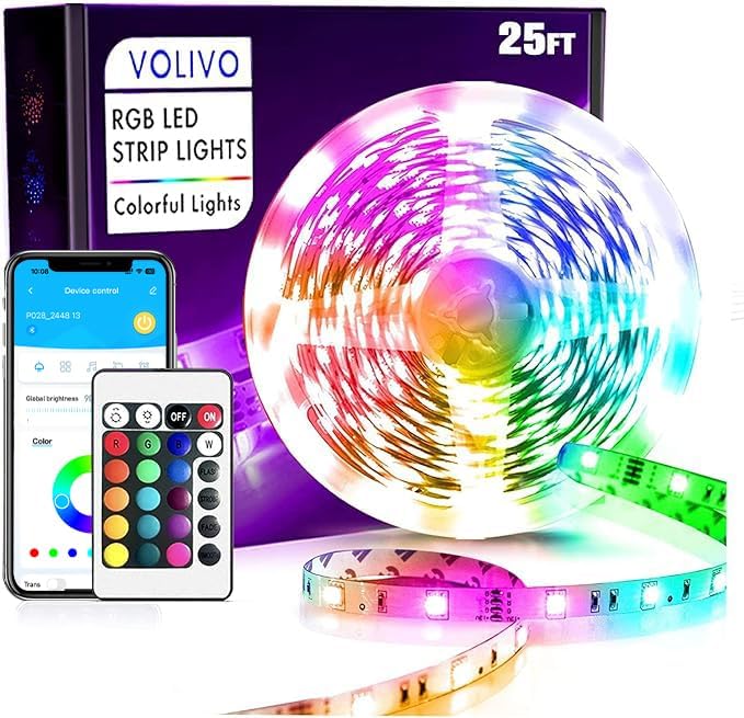 VOLIVO LED Strip Lights 25 FT, App Controlled Bluetooth Led Light Strips Sync with Music, Color Changing Lighting for Bedroom, Home Decoration