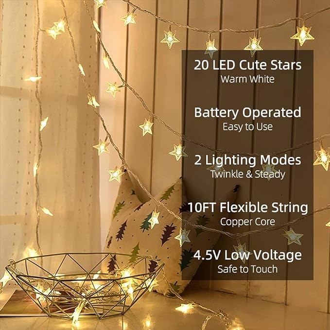 Star String Lights 10Ft 20 LED Fairy Lights Battery Operated Waterproof Indoor Outdoor Twinkle Christmas Lights for Bedroom Party Wedding Xmas Tree Decoration (Warm White)