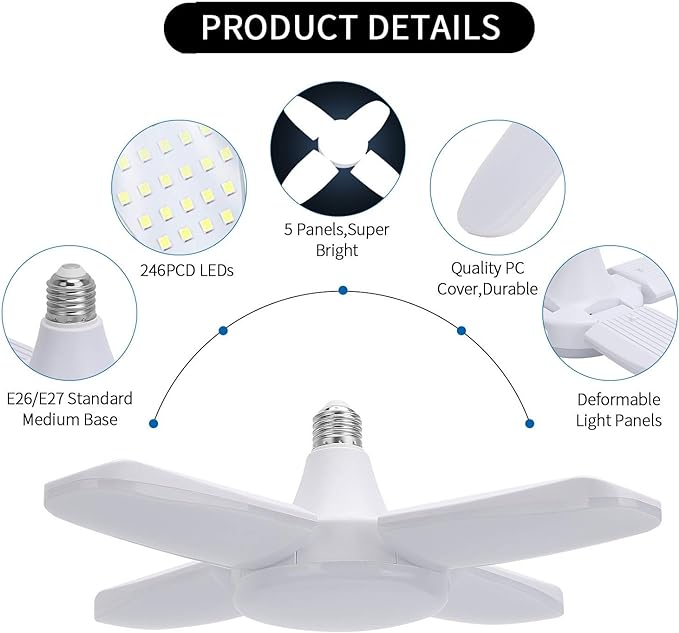 (8 Packs) LED Garage Lights, 60W Trilights Ceiling, High Low Bay Deformable Adjustable 4 Led Light Bulbs 6000LM 6000K, Screw in Tribright Garage Lighting Fixture,CRI80 Daylight