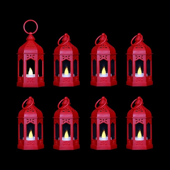 LLQ 8 Pcs Mini Lantern Decor Moroccan Lantern with Flickering LED Candle Table Centerpiece Small Vintage Christmas Hanging Lamp Ornaments Bulk for Wedding Halloween Christmas Party (5 Inch,Red)