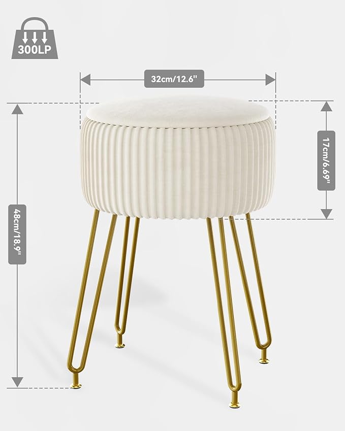 IBUYKE Velvet Storage Footrest Stool Ottoman, Makeup Vanity Stool Side Table with Golden Steel Legs Removable Cover, Coffee Table Top Cover, Creamy-White LG-20M