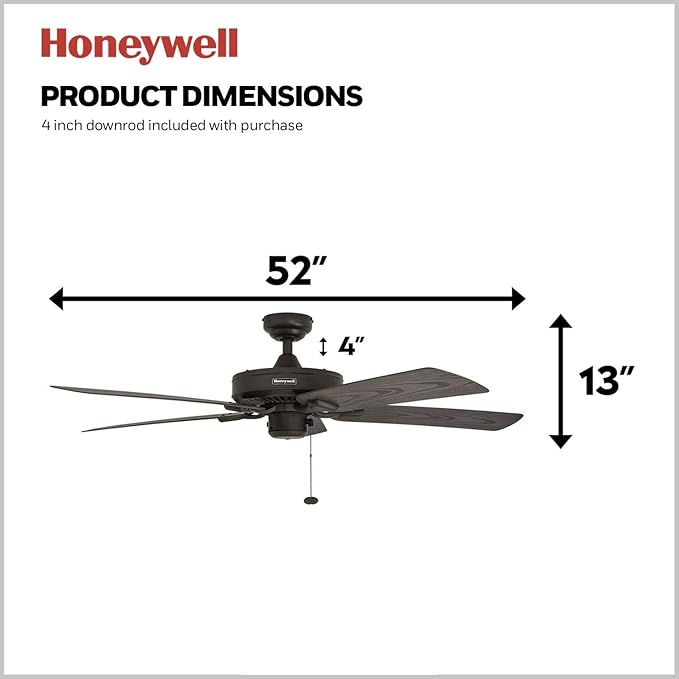Honeywell Ceiling Fans Belmar 52 Inch Ceiling Fan Without Light, Outdoor Ceiling Fan with Pull Chain, Tri-Mount Traditional 5 Blade Design, ETL Wet Rated, Bronze (50199-01)