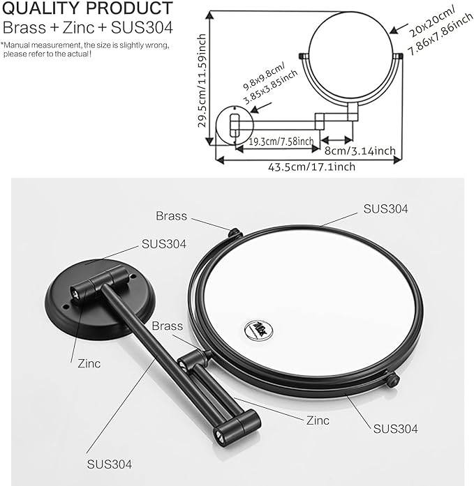 1x10x Magnifying Double Sided Bathroom Mirror 360 Degree Swivel Makeup Mirror Black Adjustable Extension Arm Wall Mount 8 Inch Non-Illuminated Beauty Mirror Shaving Mirror (Round Base)