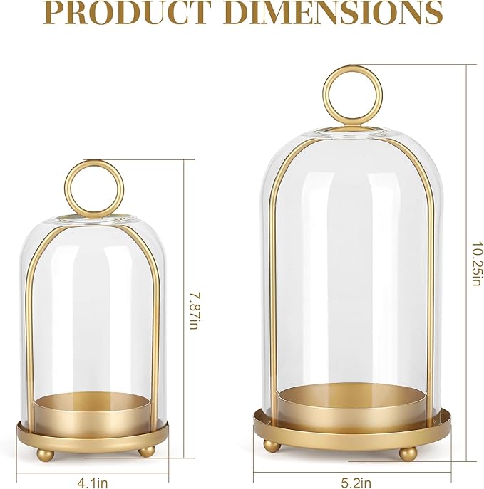 Versatile Metal Candle Holder Set with Handmade Glass Dome,Antique Brass Pillar Candle Stand, 5.2" & 4.1" Wide for Tabletop or Hanging, Industrial & Farmhouse Decor