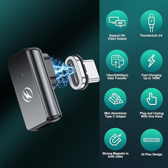 HanCenDa USB Type C Magnetic Adapter 2Pack, 24Pins 90 Degree USB C with PD 140W Charge 40Gbps 8K 60Hz Video for Thundebolt 3/4 MacBook Pro/Air Phone and More Devices