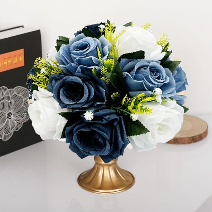 10Pcs Fake Flower Ball Arrangement Bouquet, 9.5" 15 Heads Plastic Roses with Base,Suitable for Parties Valentine's Day Wedding Centerpiece Flower Rack and Home Décor (Dusty Blue & White)