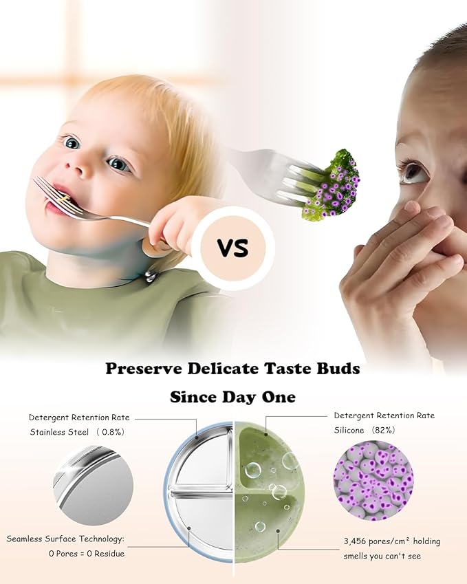Stainless Steel Toddler Suction Plate with Lid, Deepened 9" Divided Plates with Removable Silicone Sleeves for Kids, Non Toxic Unbreakable Snack Dishes Set of 4, Sage Blue Beige Lilac