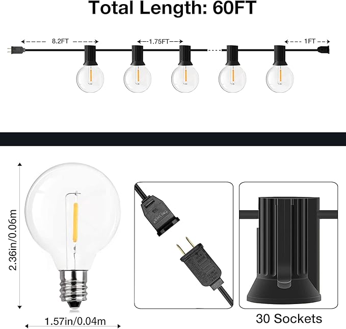 GPATIO Outdoor String Lights, 60FT Waterproof Patio Lights with 32 Hanging Light Globe G40 Bulbs, 2700k Shatterproof for Backyard Gazebo Porch Garden Commerical Outside Decor