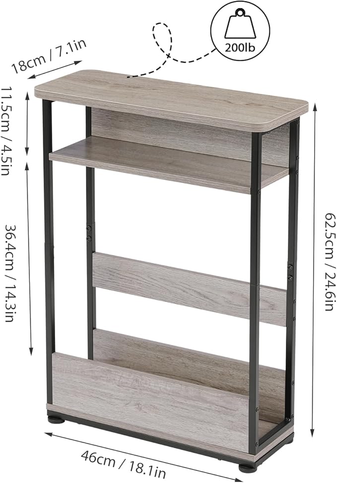 Vintage Narrow Side Table with Storage Shelf, 3 Tier Slim End Table Modern Sofa Table for Narrow and Small Spaces, 24.6 Inch Height Bedside Table Nightstand (Oak, Large)