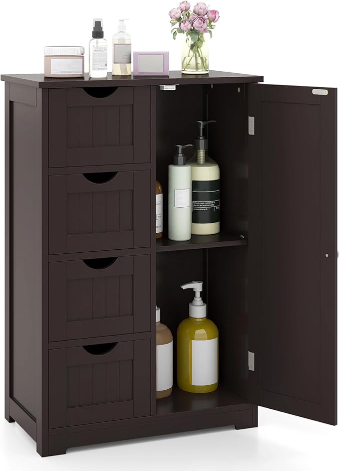 Giantex Bathroom Storage Cabinet with Drawers - 4 Drawer Storage Organizer w/Cupboard, Adjustable Shelf, Anti-Toppling Device, Entryway Storage Unit Console Table, Bathroom Floor Cabinet (Brown)