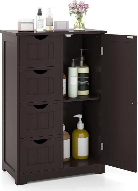 Giantex Bathroom Storage Cabinet with Drawers - 4 Drawer Storage Organizer w/Cupboard, Adjustable Shelf, Anti-Toppling Device, Entryway Storage Unit Console Table, Bathroom Floor Cabinet (Brown)
