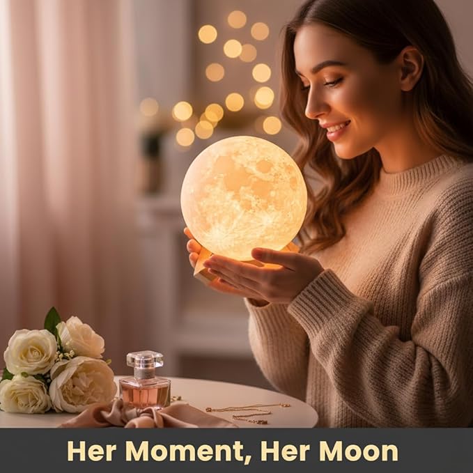 Mydethun Moon Lamp 3D Night Light - 5.9' Christmas Table Decor w/Wooden Base, Gift for Women, Mom & Kids, Bedroom Decor w/Touch-Dimmable & USB Rechargeable, Dual-Color White/Warm Yellow