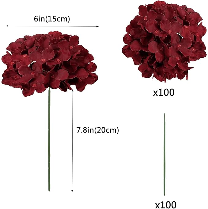 WEISPARK 100PCS Artificial Hydrangea Flowers, Fake Flowers Silk Hydrangea Full Flowers Heads with Stems for Wedding Home Party Shop Baby Shower Decor (Burgundy)