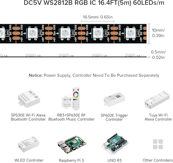 BTF-LIGHTING WS2812B RGB ECO LED Strip, Chasing Effects 5050SMD Individually Addressable 16.4FT 60Pixels/m 300Pixels Flexible Dream Color IP30 for Bedroom DIY Projects DC5V(No Adapter or Controller)
