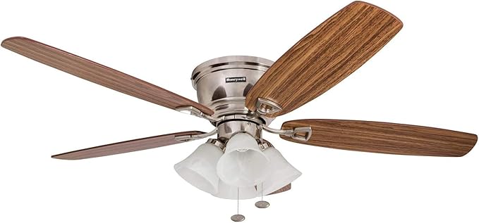 Honeywell Ceiling Fans Glen Alden, 52 Inch Classic Flush Mount Indoor LED Ceiling Fan with Light, Pull Chain, Quick-2-Hang Dual Finish Blades, Reversible Motor - 50182 (Brushed Nickel)