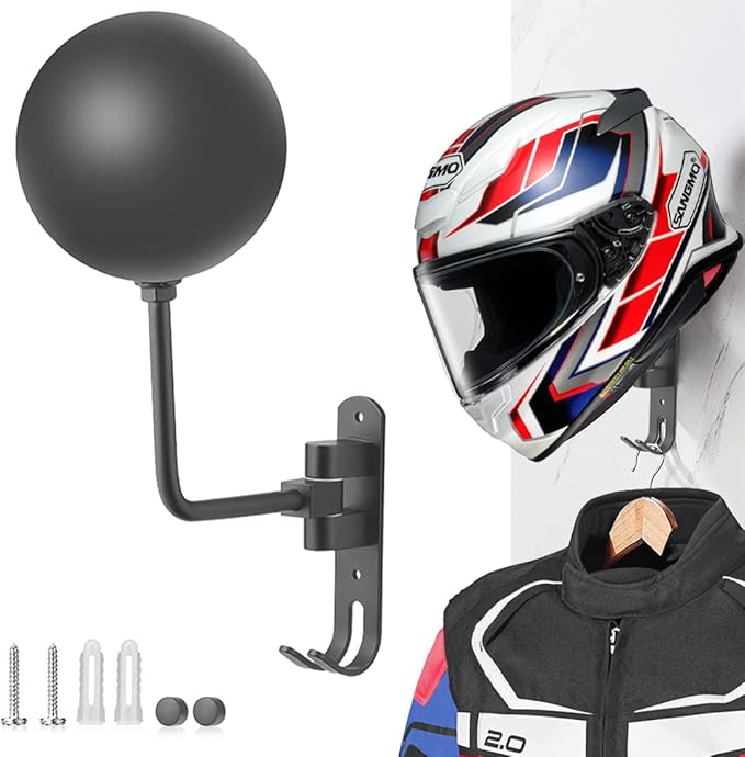 SANGMO Grey 180° Motorcycle Helmet Rack, Rotation Metal Helmet Holder Wall Mount, Helmet Holder Bike with 2 Hooks Helmet Hanger for Motorcycle Bike Coats, Caps, Baseballs, Rugby Helmet