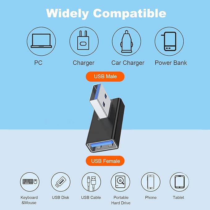 AreMe 90 Degree USB 3.0 Adapter 2 Pack, Right Angle USB A Male to Female Converter Extender for PC, Laptop, USB A Charger, Power Bank and More (Black)