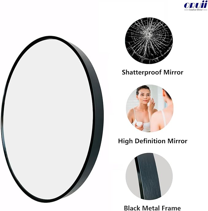 Black Circle Mirror, 20 inch Round Mirror, Black Bathroom Mirror Circular, Round Wall Mirrors for Living Room, Bedroom, Bathroom, Washroom, Rustic, Vanity.
