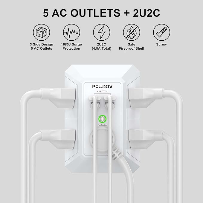 5-Outlet Power Strip with 4 USB Ports - Surge Protector for Home, Office, School - ETL Listed