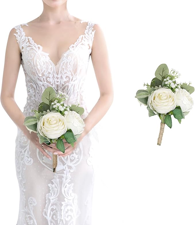 SEMONONIA Wedding Bridesmaid Bouquet Flower 1 Pack - Ivory White Artificial Flowers Bouquet Rustic Small Floral Centerpieces for Marriage Proposal Party Anniversary Dining Table Decorations -7inch