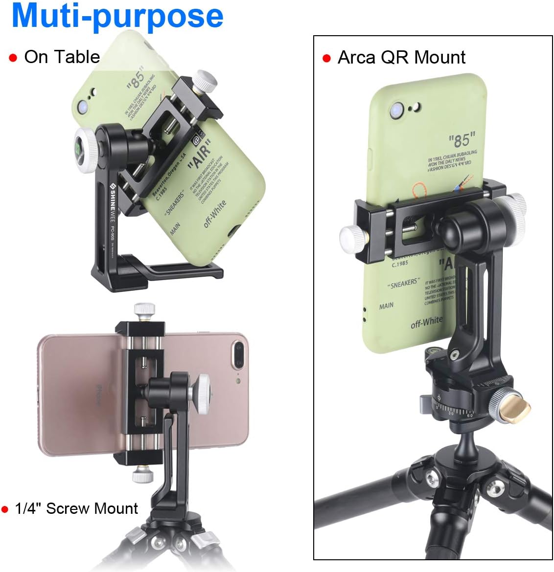 Metal Phone Tripod Mount Adapter, Phone Holder Stand with Arca Swiss and 1/4" Screw Mount, 360 Degree Rotate