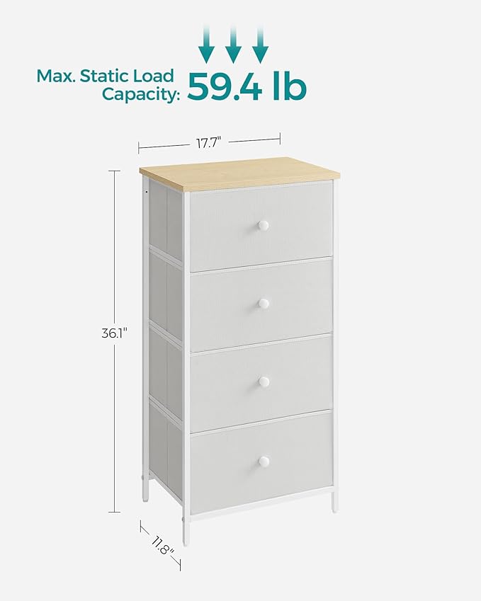 SONGMICS Dresser for Bedroom, Fabric Dresser with 4 Drawers, Metal Frame, Small Chest of Drawers, White and Oak ULTS314W57