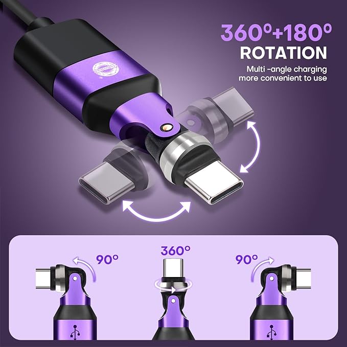 USB Adapter Type C to A 2 Pack 180° & 360° Rotation USB2.0 480Mbps Phone OTG Port Fast Charge Extender with LED Indicator (Purple)