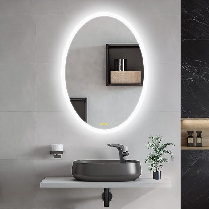 Wall-Mounted LED Oval Bathroom Mirror, Makeup Mirror (28 inches x 20 inches,) 3 Color Stepless Dimmable Memory Bathroom Vanity Mirror with Lights CRI90+ 3000-6400K Smart Mirror with Touch