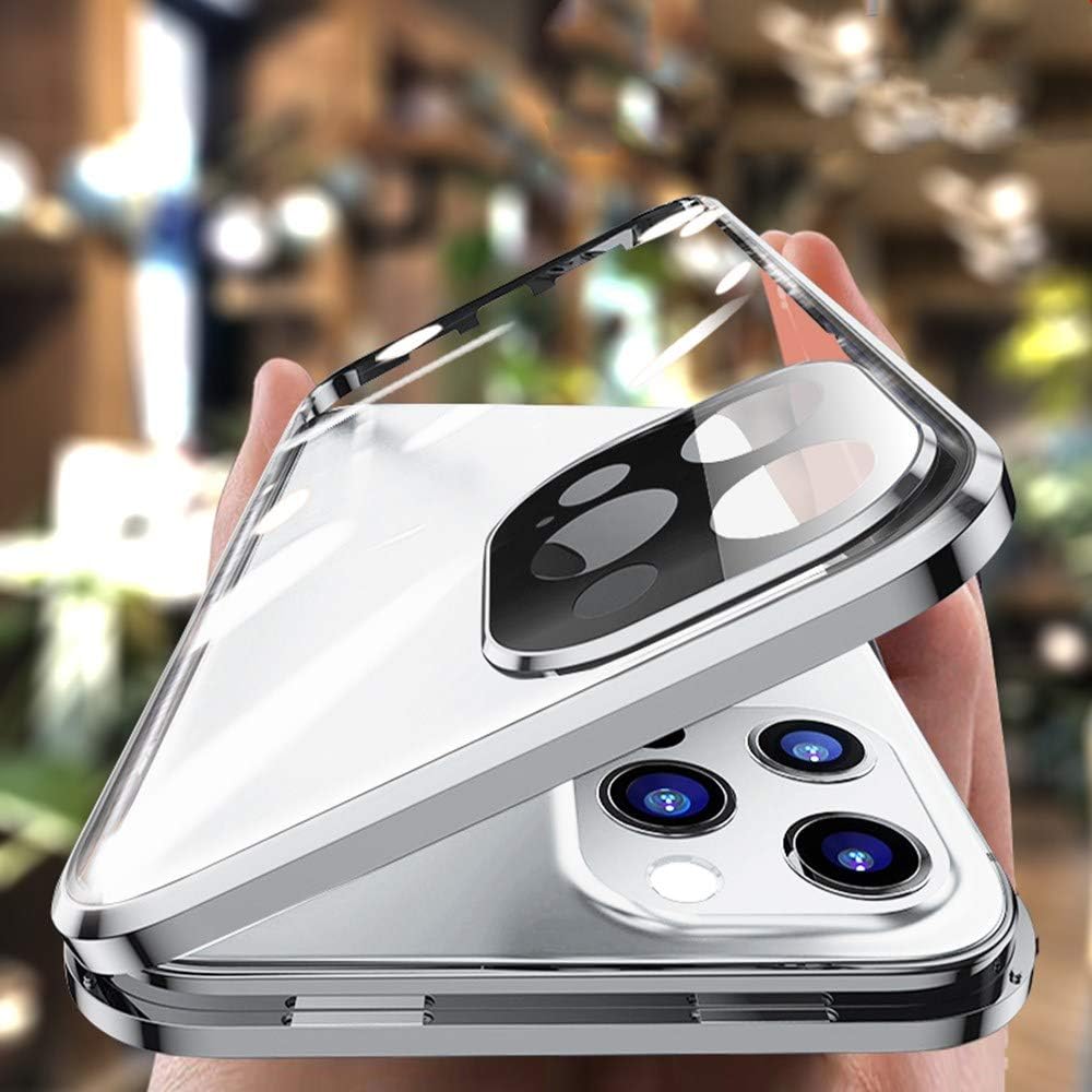 HENGHUI Lockable Magnetic Case for iPhone 12 Pro Max - Glass Bumper Case with Camera Lens Protector, 360 Full Body