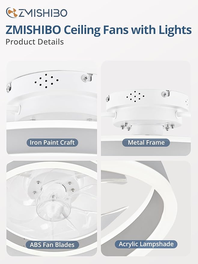 ZMISHIBO Low Profile Ceiling Fans with Lights and Remote, 13 Inch Fandelier Ceiling Fan with Light, White Modern Flush Mount Ceiling Fan, Small Dimmable LED Fan Lights for Bedroom
