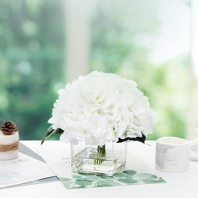 Silk Hydrangea Artificial Flowers in Vase with Faux Water, Silk Flower Arrangements in Vase for Wedding, Dining Table, Living Room (White)