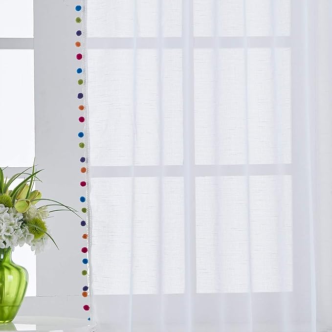 Treatmentex Sheer White Curtains with Multi-Color Pom-Pom Sheer Curtains for Toddler 84" Long Linen Textured Decorative Nursery Room Window Drapes 52" w 1Pair