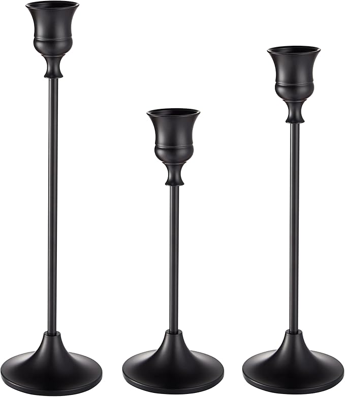 Black Candlestick Holders, Taper Candle Holders, Set of 3 Matte Black Candle Holder Set, Vintage Table Centerpiece for Wedding Christmas Holiday