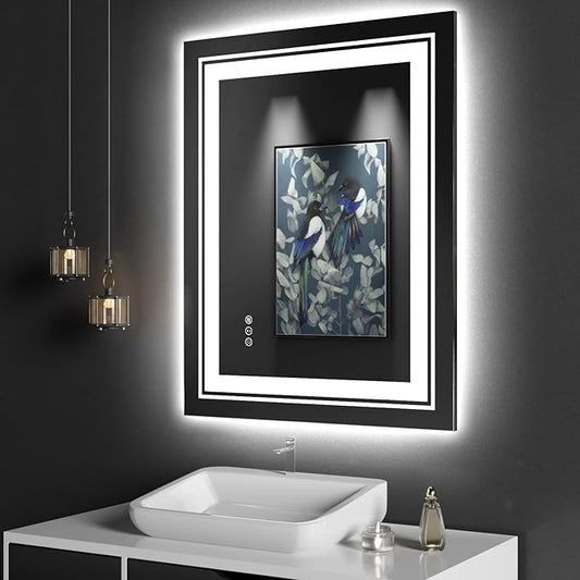 LED Bathroom Mirror, 28"x36" with Front and Backlit, Anti-Fog, Bathroom Vanity Mirror for Wall, Memory Function, Stepless Dimmable, Tempered Glass (Horizontal/Vertical)