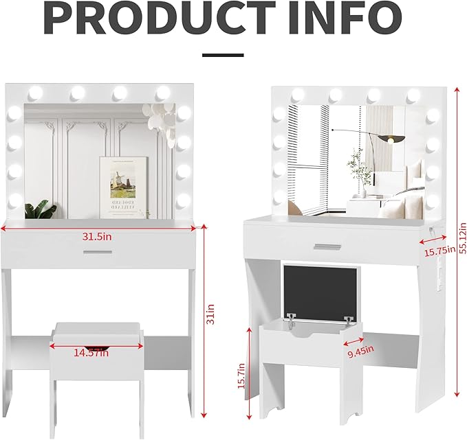 Vanity Table Set with Lighted Mirror - Makeup Vanity with Charging Station, Large Drawer Sturdy Wood Vanity with Lights, 3 Color Modes, Adjustable Brightness, White