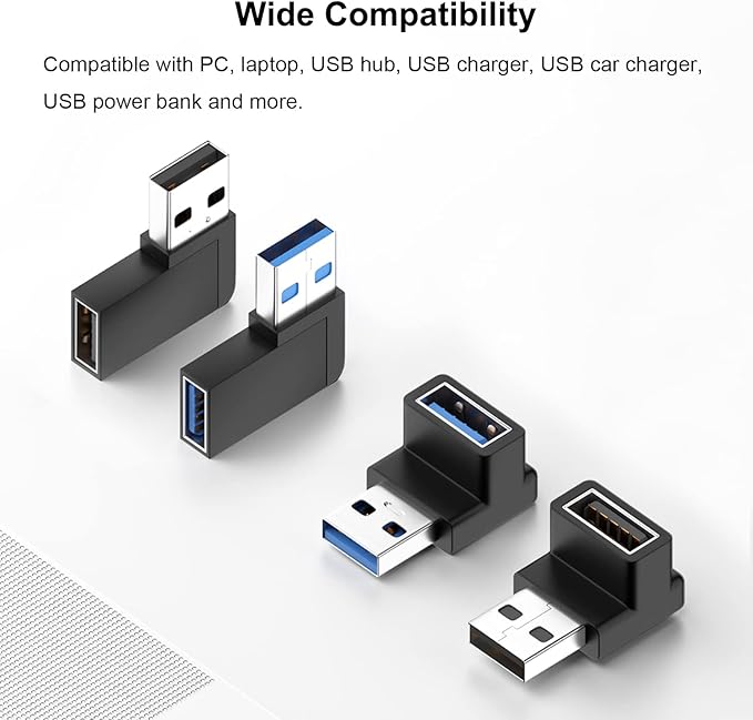 90 Degree USB 3.0 Adapter (4 Pack), Vertical Up and Down Angle, Horizontal Left and Right Angle USB Male to Female Extender Connector
