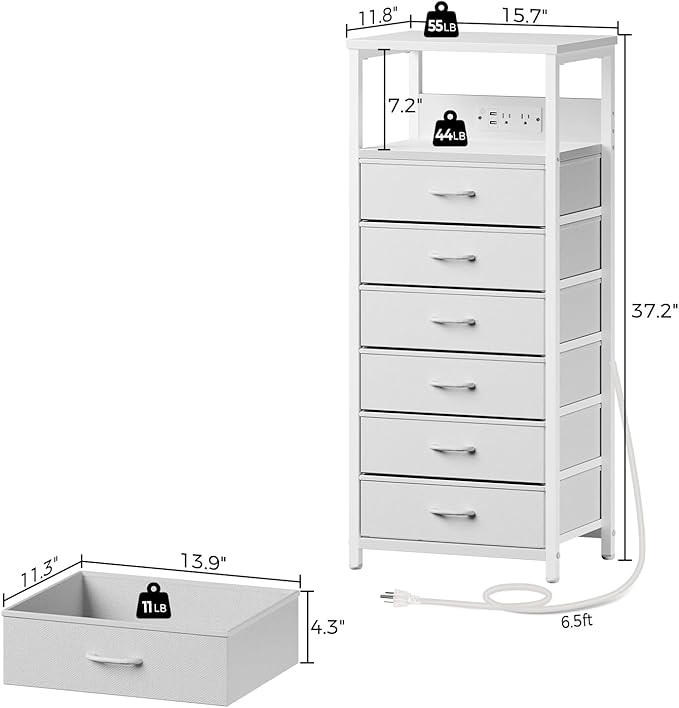Seventable Night Stand with Charging Station, Tall Nightstand with 6 Fabric Storage Drawers, Side Table with LED Light for Bedroom, Entryway, White