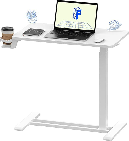 FLEXISPOT H7 Adjustable Overbed Bedside Table with Wheels Pneumatic Mobile Standing Desk Laptop Desk Rolling Computer Cart Movable Overbed Table Hospital Home Use(27.6" W x 15.7" D, White)