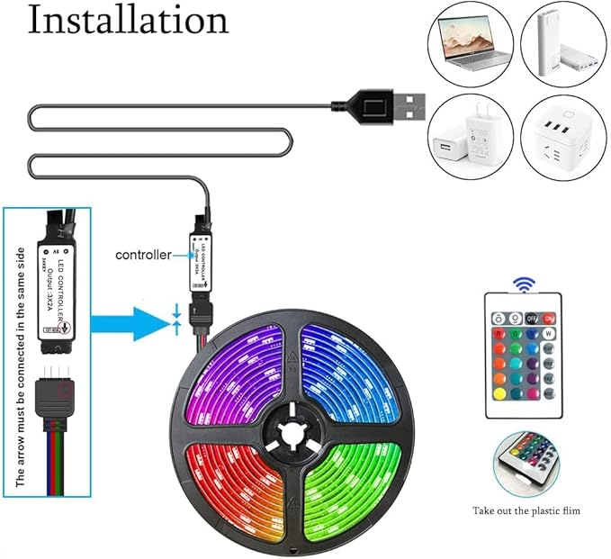RGB Led Strip 16.4ft,5V USB Colorful 30LED S/M SMD 5050 Flexible Lights for TV Backlight Room Decor，with 24 Keys Remote Controller