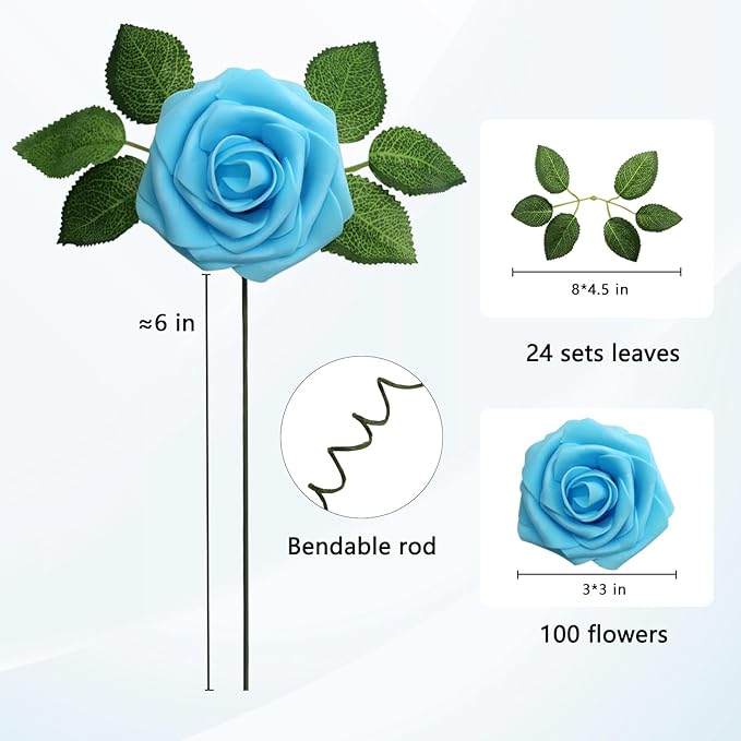 JOYLEX 100Pcs Light Blue Artificial Flowers Realistic Roses, Real Looking Fake Roses with Stem for DIY Wedding Bouquets Centerpieces Bridal Shower Party Home Romantic Decorations (Light Blue, 100pcs)